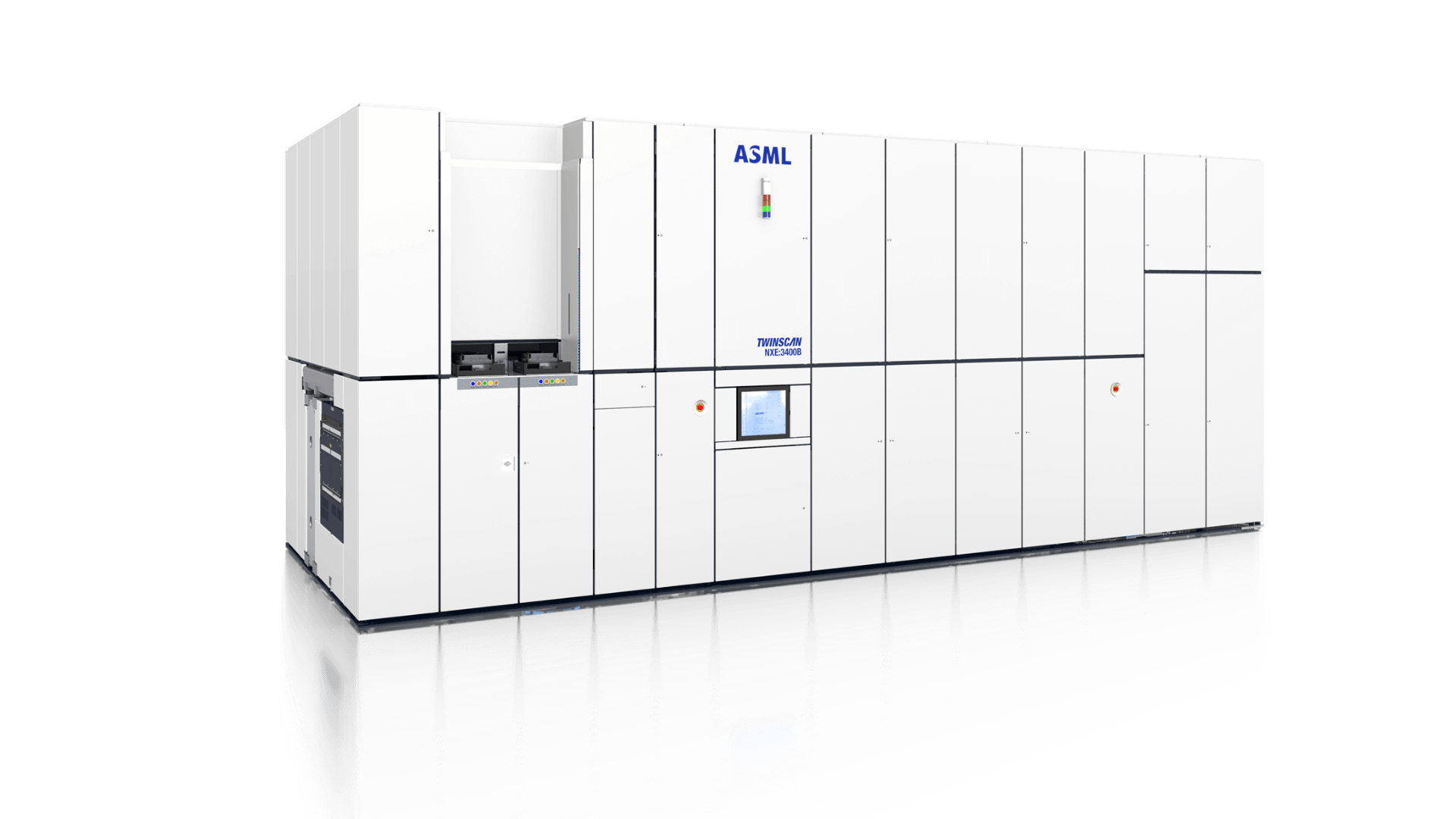 ASML's own product photograph of its TWINSCAN NXE:3400B EUV lithography machine, a large enclosed semiconductor production system in white and grey panelling.
