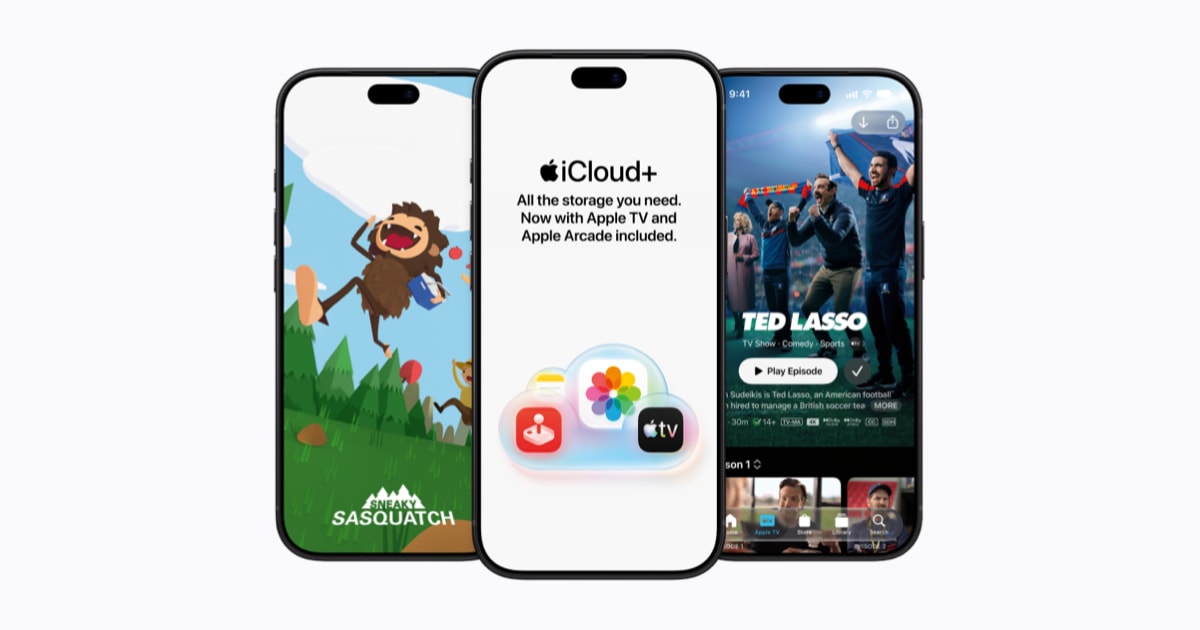 iCloud+ 확대를 알리는 애플 공식 이미지. iPhone 18 Pro 세 대에 Apple Arcade 게임, iCloud+ 계정 화면, Apple TV 작품 페이지가 각각 떠 있다.