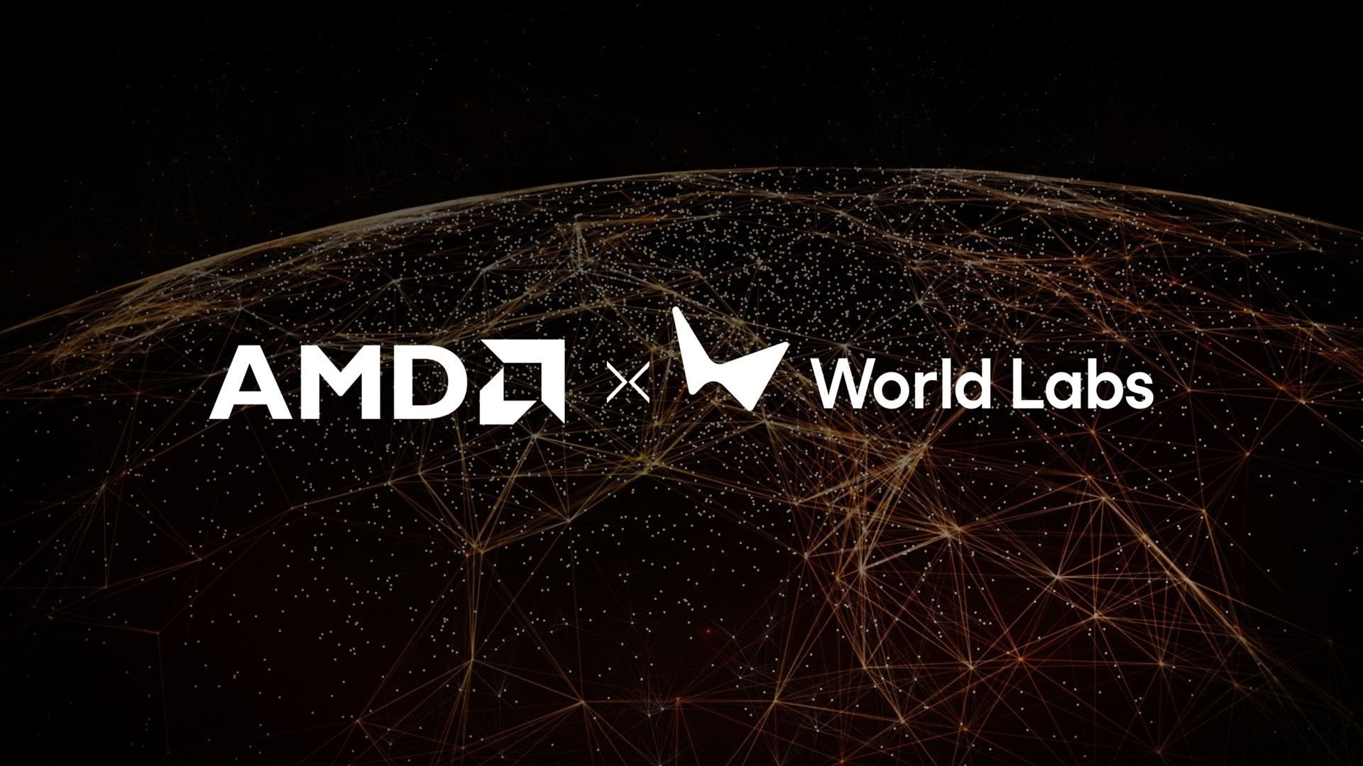 一幅插画,AMD 标志与 World Labs 标志并列于风格化的夜晚灯火地球之前。