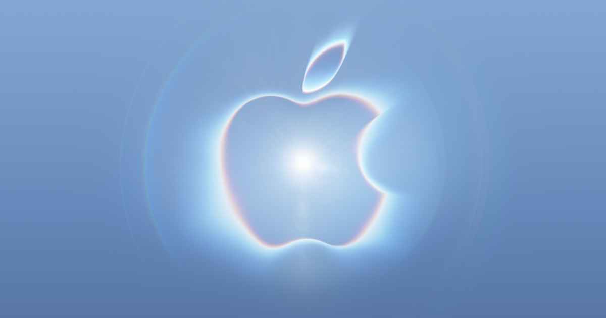 Apple's official Apple Events page image: the Apple logo rendered in soft multicoloured light against a dark background.