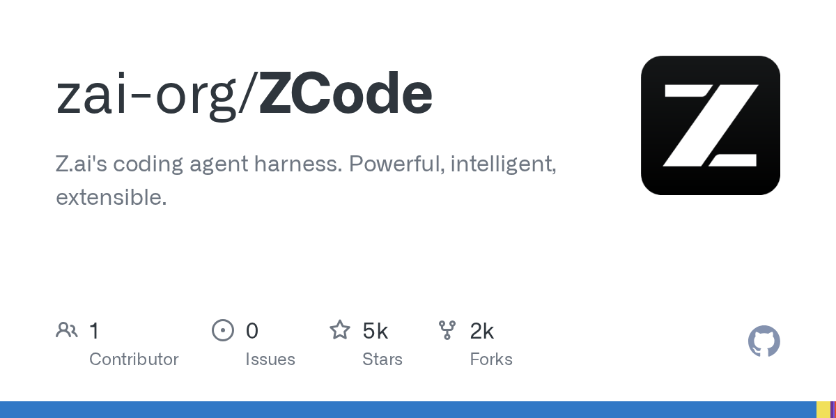 zai-org/ZCode リポジトリの GitHub ソーシャルカード。データアップロード問題を受けて Z.ai がオープンソース化した AI コーディングエージェントのクライアントソース。