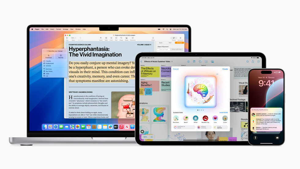 Apple IntelligenceをWWDC 2024で発表した際のApple公式画像。暗い背景に、画面の縁に沿って色付きの光をまとったiPhone、iPad、Macが並ぶ。