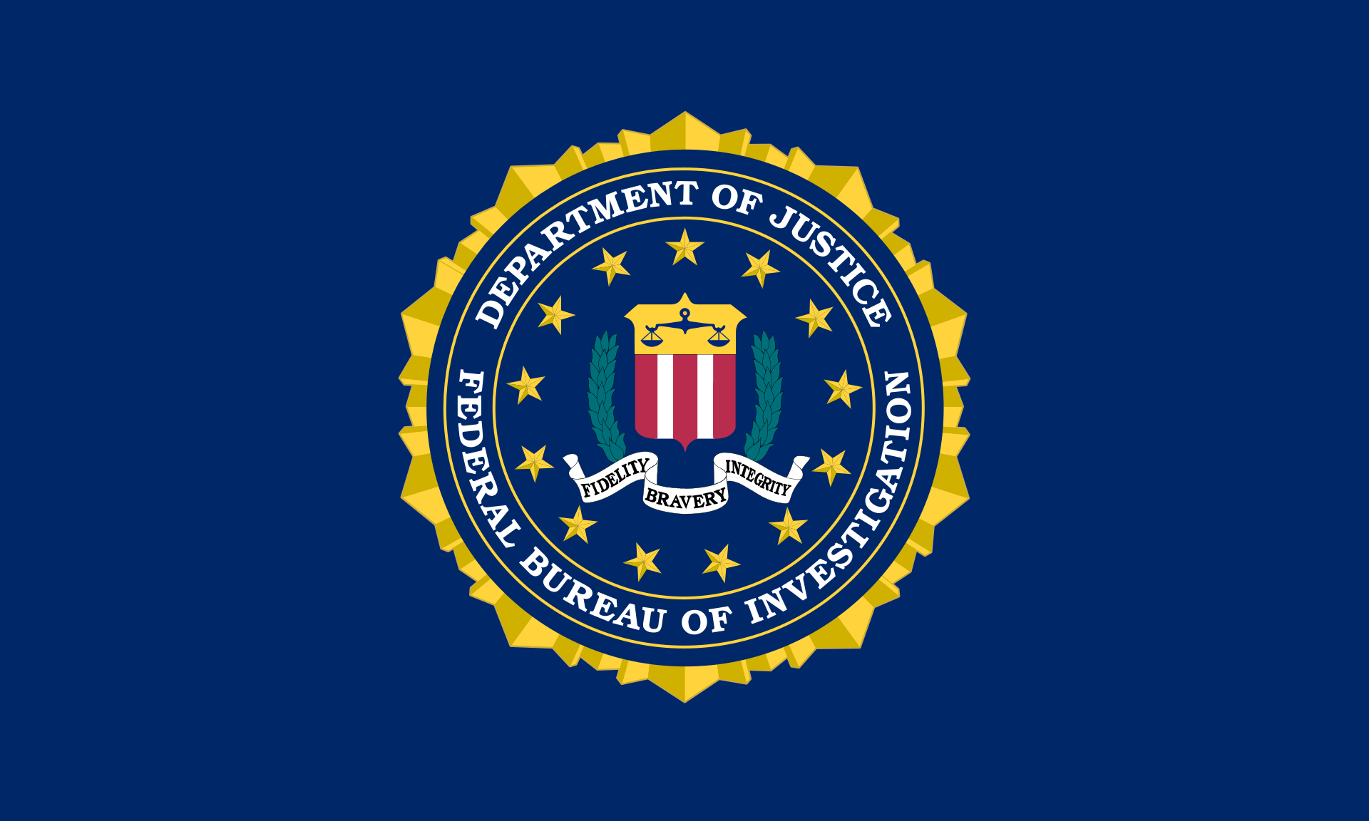 米連邦捜査局（FBI）の旗。濃紺の地の中央にFBIの紋章が置かれ、局名が金色の文字で記されている。