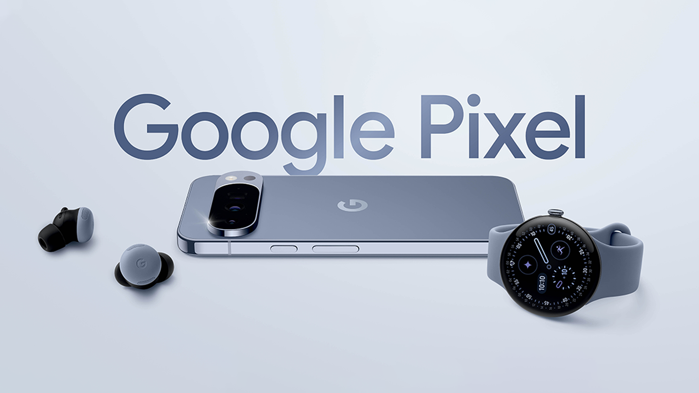 Google's Pixel hardware line-up photographed together on a plain background, from Google's own product announcement.