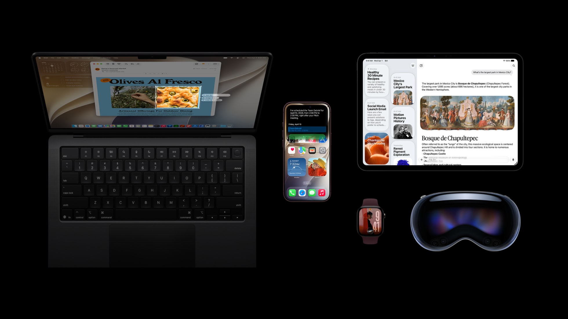 Apple's press image for its September 2026 OS releases: a Mac, iPhone 18 Pro, Apple Watch Series 12, iPad and Apple Vision Pro arranged together, each showing its new software.