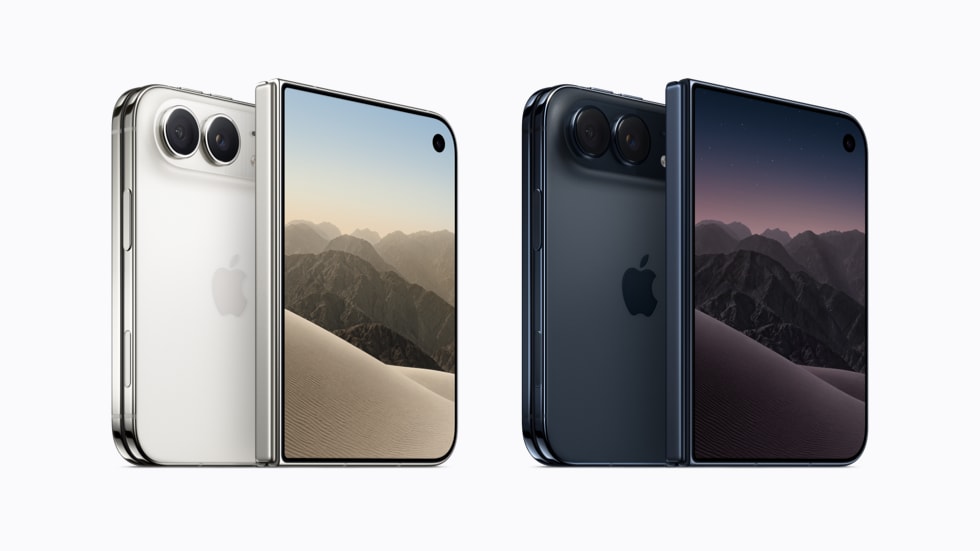 애플이 배포한 보도용 사진. 접히는 아이폰인 iPhone Duo가 여러 색상으로 단색 배경 위에 놓여 있다.